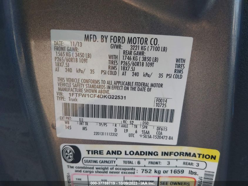 2013 FORD F-150 XL/XLT/FX2/LARIAT - 1FTFW1CF4DKG22531