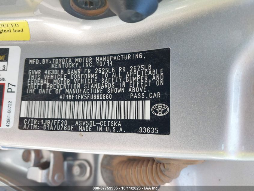 2015 TOYOTA CAMRY XLE/SE/LE/XSE - 4T1BF1FK5FU880860