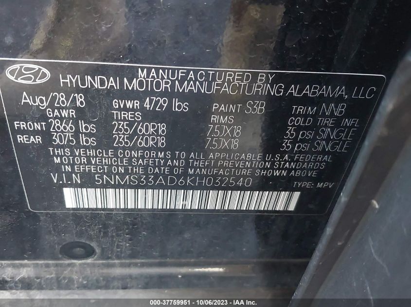 2019 HYUNDAI SANTA FE SEL PLUS - 5NMS33AD6KH032540