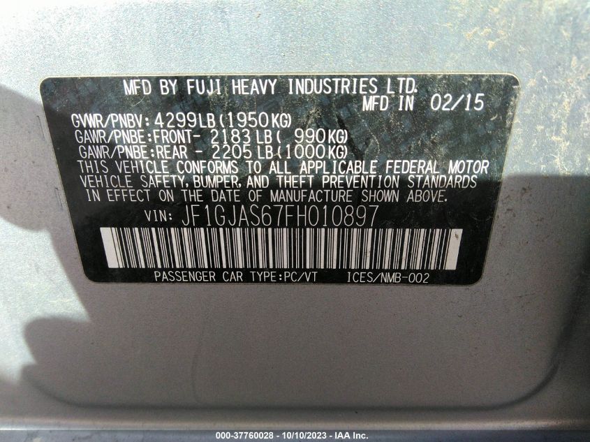 2015 SUBARU IMPREZA SEDAN LIMITED - JF1GJAS67FH010897
