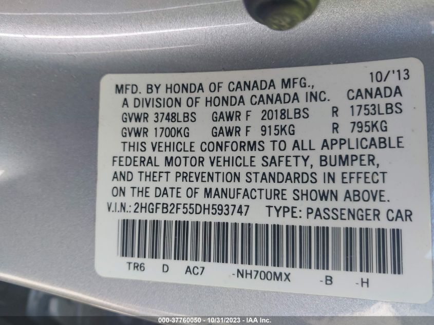 2013 HONDA CIVIC SDN LX 2HGFB2F55DH593747