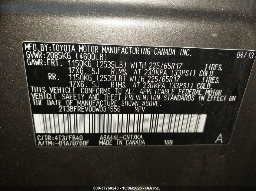 2013 TOYOTA RAV4 LE - 2T3BFREV0DW031556