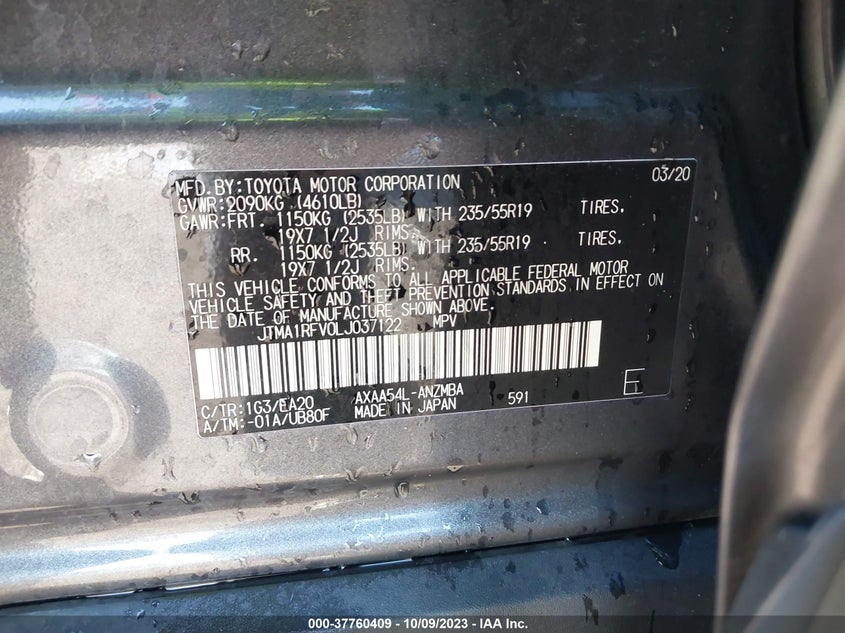 VIN JTMA1RFV0LJ037122 2020 TOYOTA RAV4 XLE PREMIUM