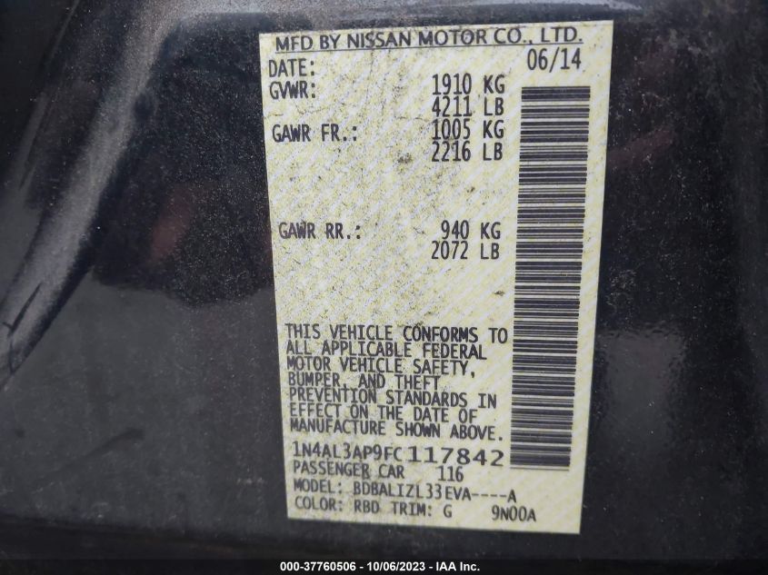 2015 NISSAN ALTIMA 2.5/S/SV/SL - 1N4AL3AP9FC117842