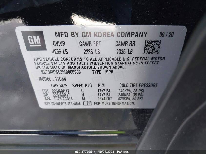 VIN KL79MPSL2MB066939 2021 CHEVROLET TRAILBLAZER LT