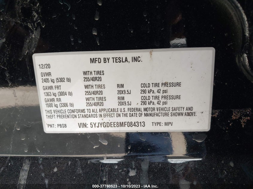 VIN 5YJYGDEE8MF084313 2021 TESLA MODEL Y