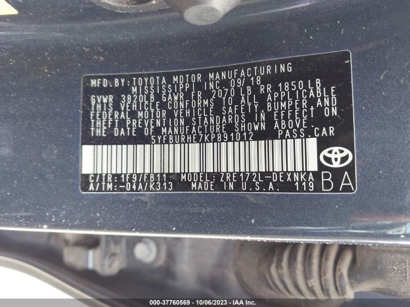 2019 TOYOTA COROLLA L/LE/XLE/SE/XSE - 5YFBURHE7KP891012