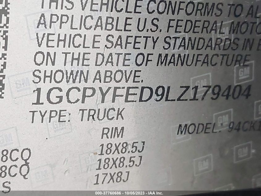 1GCPYFED9LZ179404 | 2020 CHEVROLET SILVERADO 1500