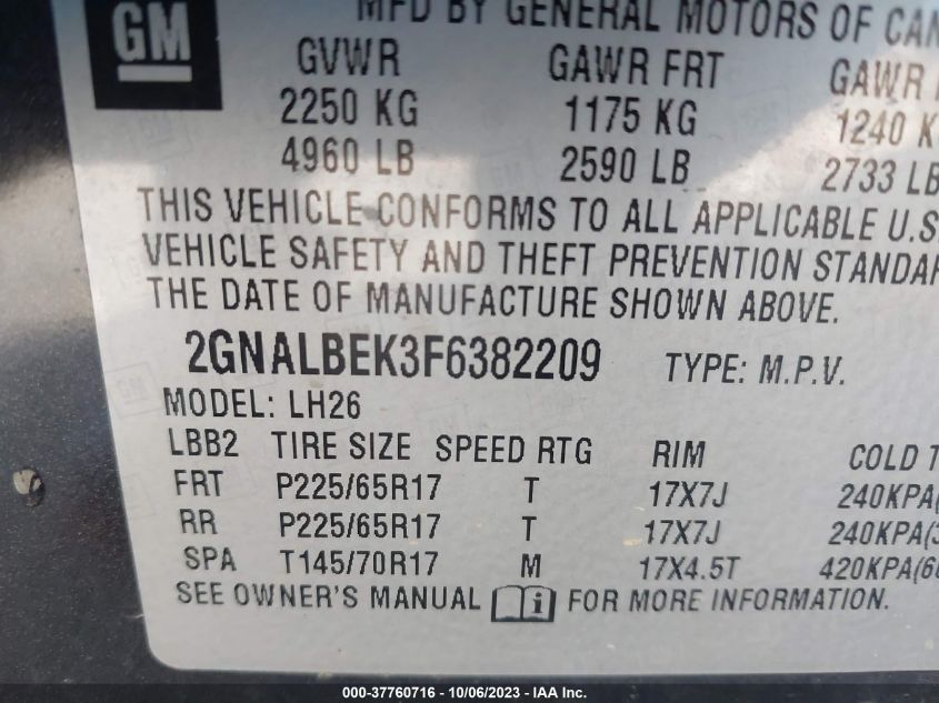 2015 CHEVROLET EQUINOX LT - 2GNALBEK3F6382209