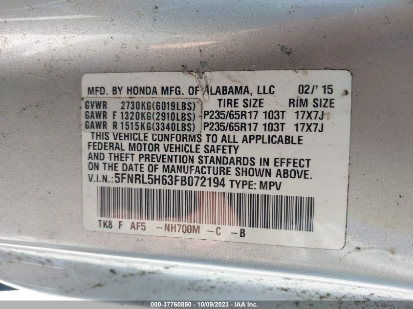 VIN 5FNRL5H63FB072194 2015 HONDA ODYSSEY no.9