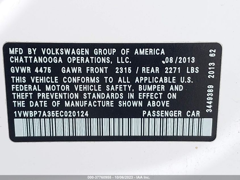 2014 VOLKSWAGEN PASSAT SE - 1VWBP7A35EC020124