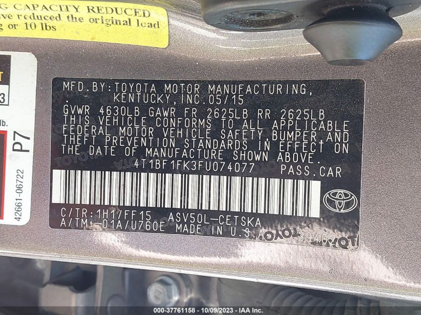 2015 TOYOTA CAMRY XLE/SE/LE/XSE - 4T1BF1FK3FU074077