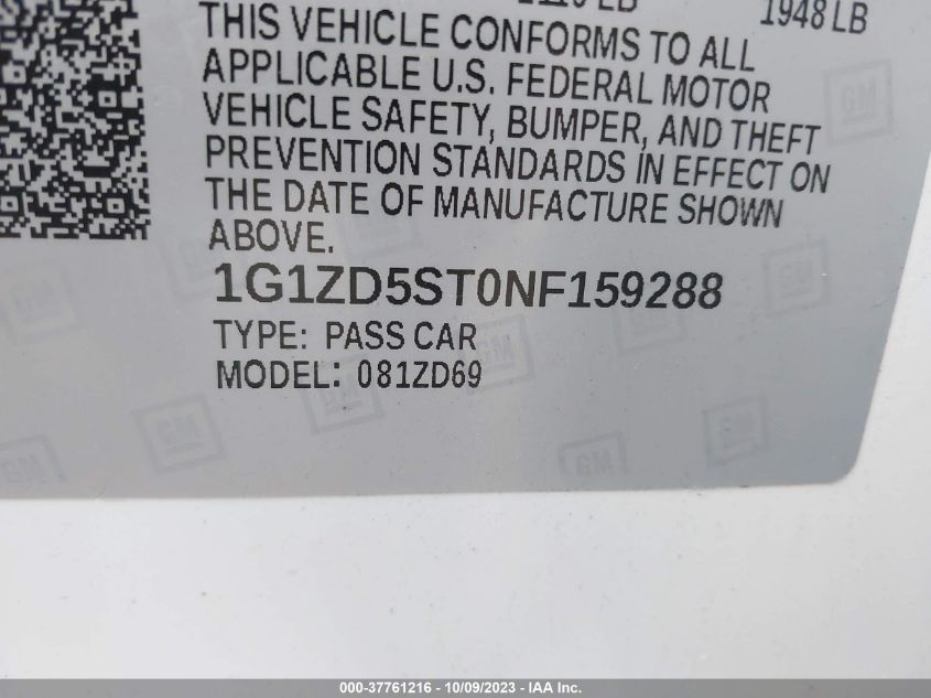 2022 CHEVROLET MALIBU LT - 1G1ZD5ST0NF159288