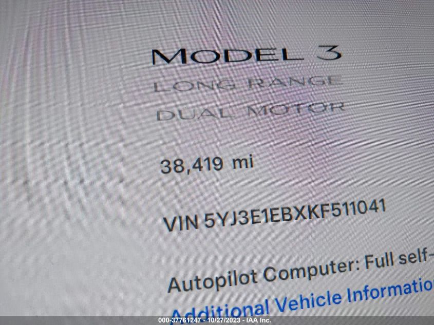 2019 TESLA MODEL 3 LONG RANGE/PERFORMANCE - 5YJ3E1EBXKF511041