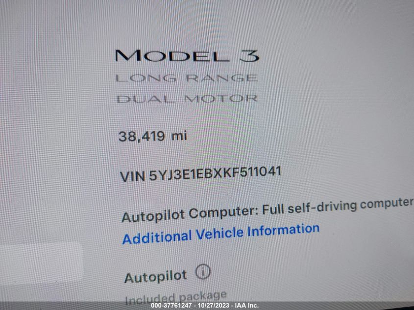 2019 TESLA MODEL 3 LONG RANGE/PERFORMANCE - 5YJ3E1EBXKF511041