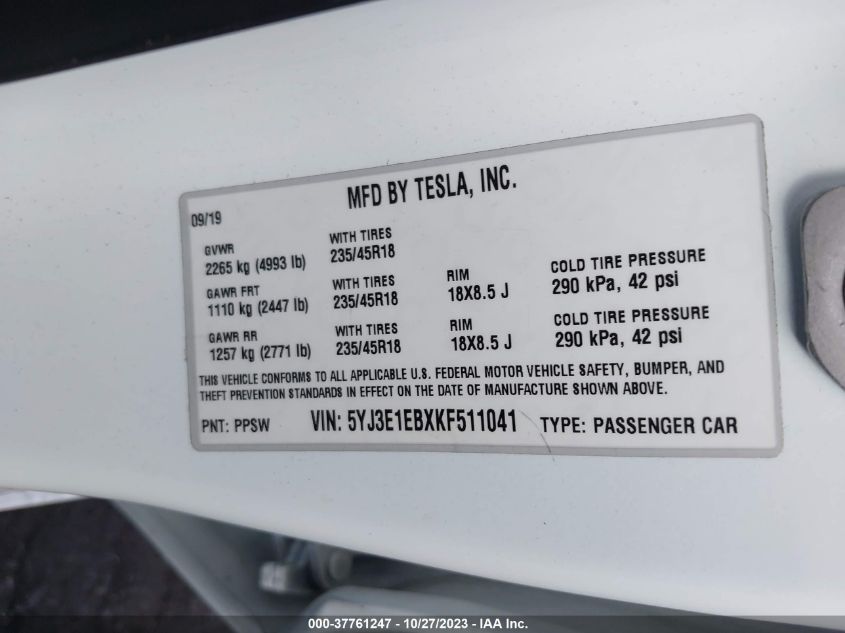 2019 TESLA MODEL 3 LONG RANGE/PERFORMANCE - 5YJ3E1EBXKF511041