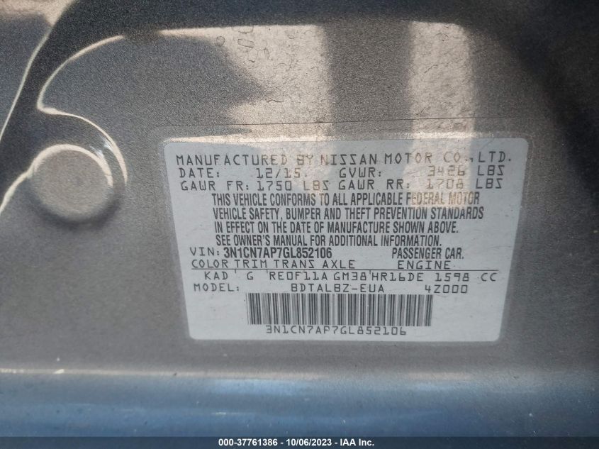 2016 NISSAN VERSA S/S PLUS/SL/SV - 3N1CN7AP7GL852106