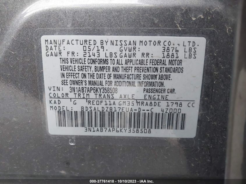 2019 NISSAN SENTRA S/SV/SR/SL - 3N1AB7AP6KY358508