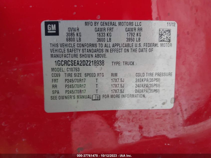 2013 CHEVROLET SILVERADO 1500 LT - 1GCRCSEA2DZ218938