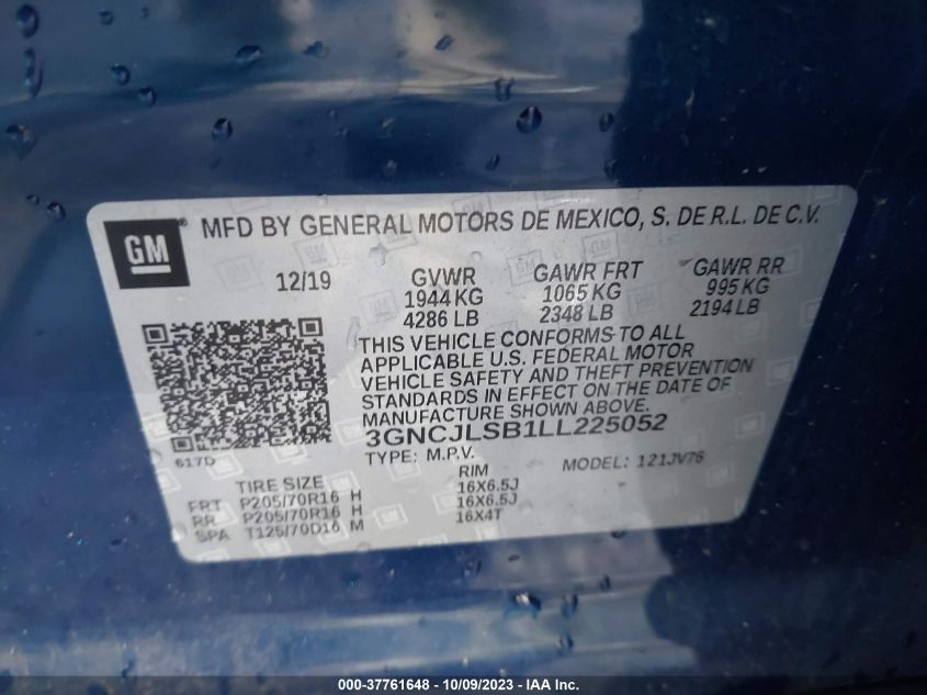 VIN 3GNCJLSB1LL225052 2020 CHEVROLET TRAX LT