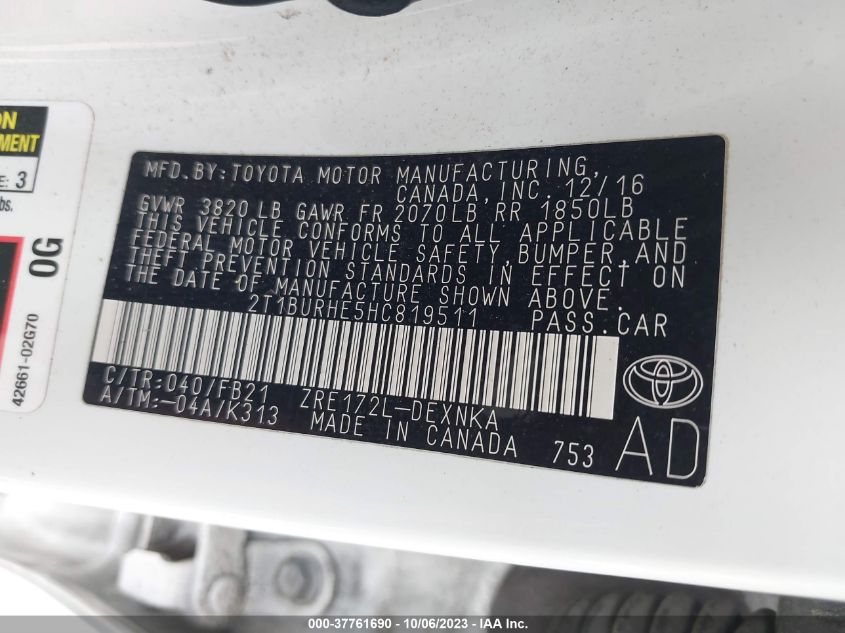 VIN 2T1BURHE5HC819511 2017 TOYOTA COROLLA L/LE/XLE/SE