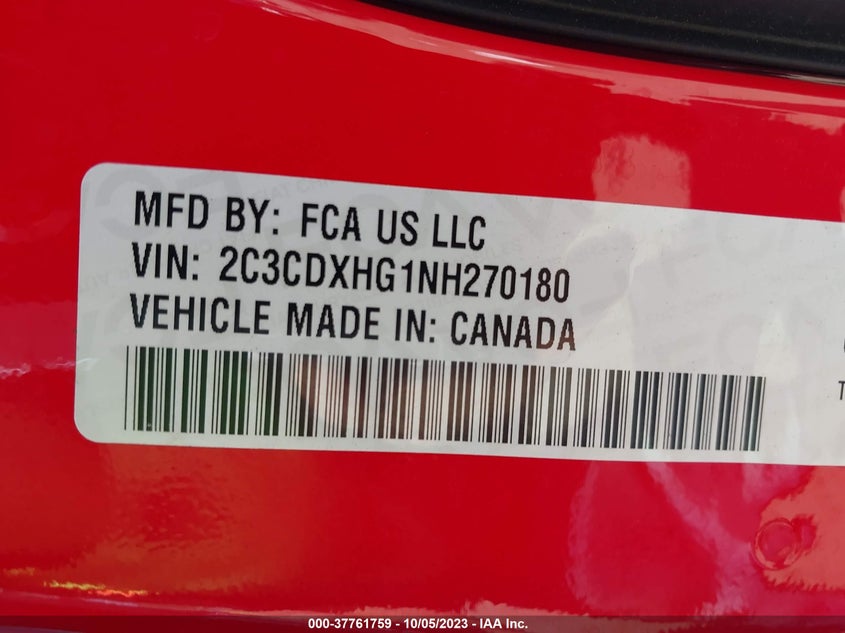 VIN 2C3CDXHG1NH270180 2022 DODGE CHARGER GT
