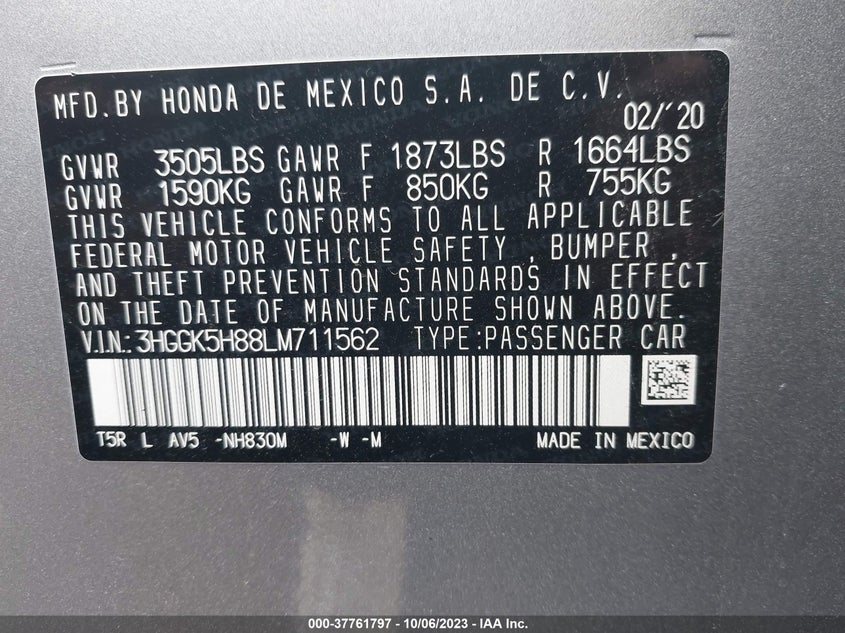 VIN 3HGGK5H88LM711562 2020 HONDA FIT EX