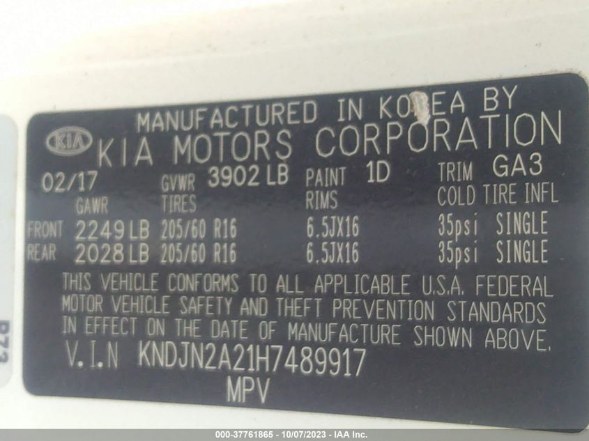 2017 KIA SOUL BASE - KNDJN2A21H7489917