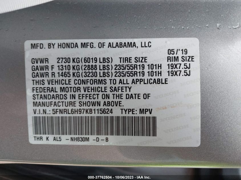 5FNRL6H97KB115624 Honda Odyssey ELITE 9