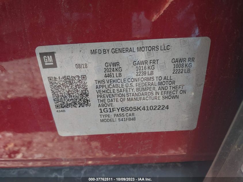 2019 CHEVROLET BOLT EV LT - 1G1FY6S05K4102224