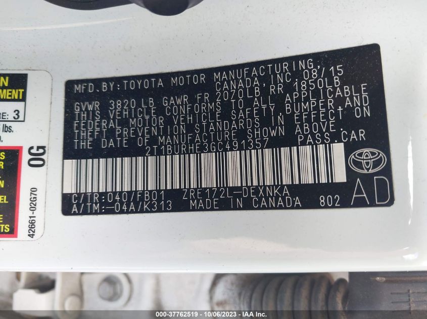 2016 TOYOTA COROLLA L/LE/S/S PLUS/LE PLUS - 2T1BURHE3GC491357
