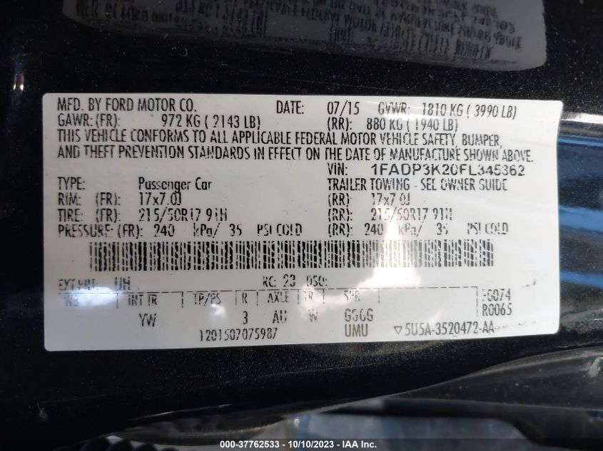 2015 FORD FOCUS SE - 1FADP3K20FL345362