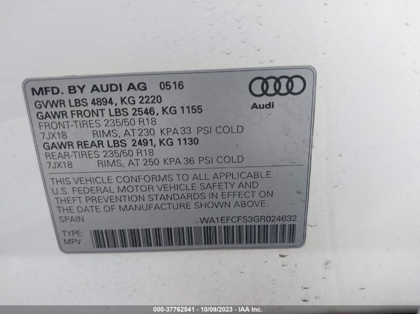 2016 AUDI Q3 PREMIUM PLUS - WA1EFCFS3GR024632