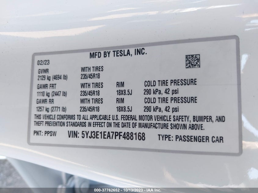 2023 TESLA MODEL 3 MOTOR AC PERMANENT M(VIN: 5YJ3E1EA7PF488168