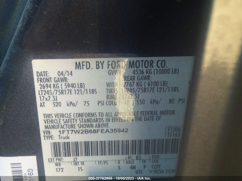 2015 FORD SUPER DUTY F-250 SRW LARIAT/PLATINUM - 1FT7W2B68FEA35942
