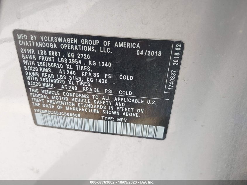 2018 VOLKSWAGEN ATLAS SEL - 1V2MR2CA5JC568606