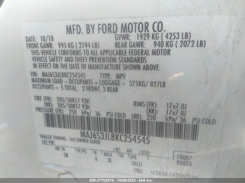 VIN MAJ6S3JL8KC254545 2019 FORD ECOSPORT SES