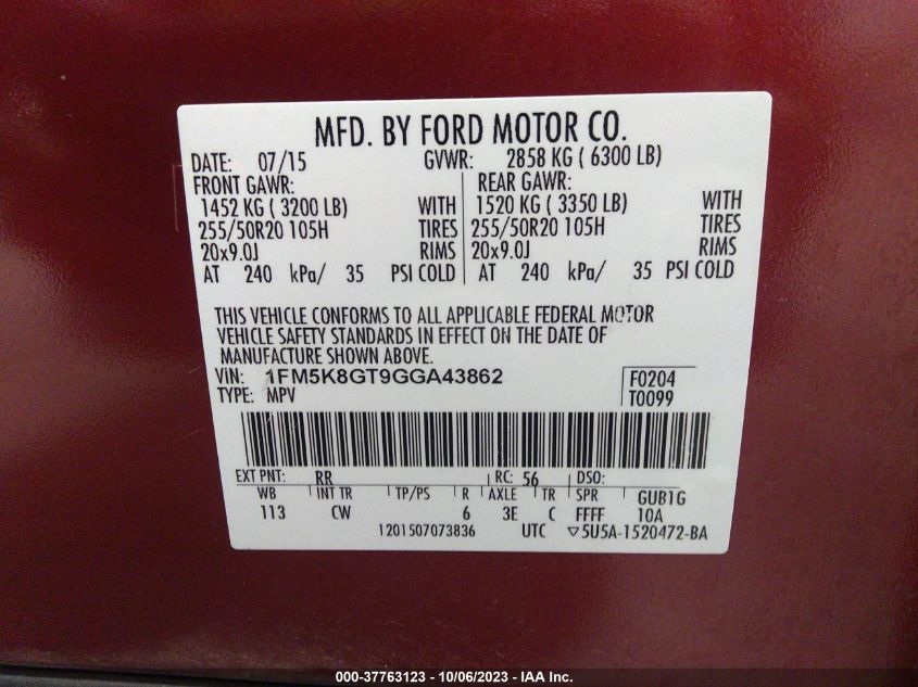 2016 FORD EXPLORER SPORT - 1FM5K8GT9GGA43862