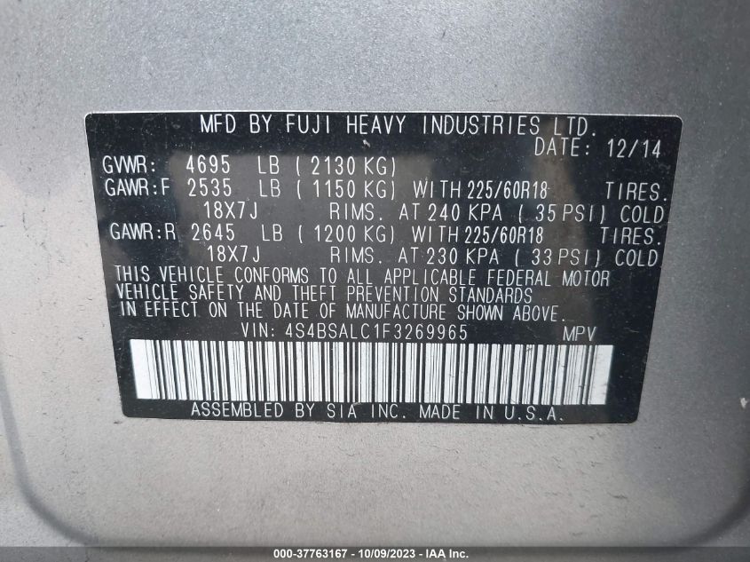 2015 SUBARU OUTBACK 2.5I LIMITED - 4S4BSALC1F3269965