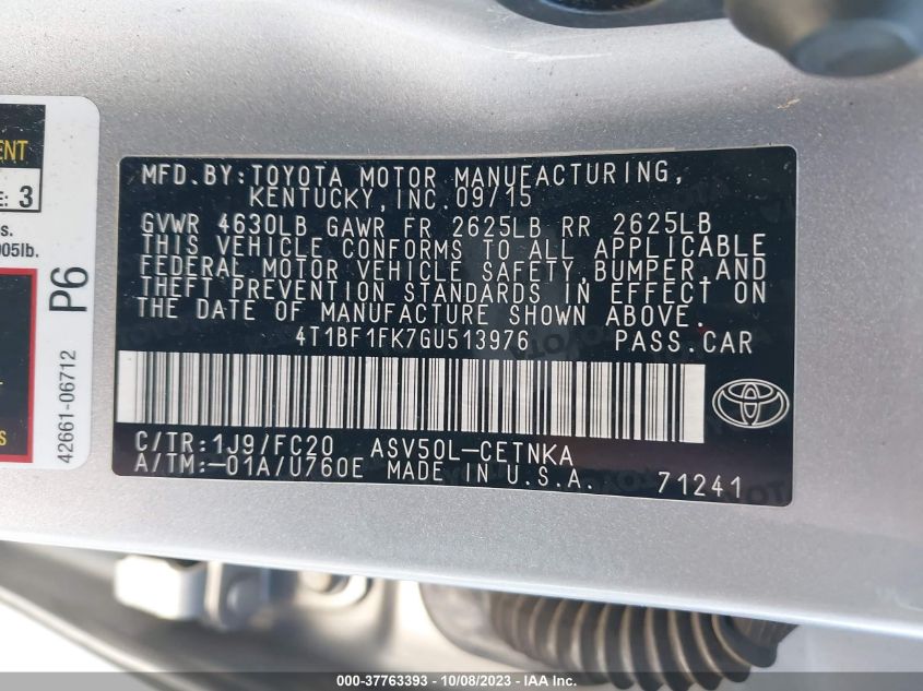 2016 TOYOTA CAMRY XLE/SE/LE/XSE - 4T1BF1FK7GU513976