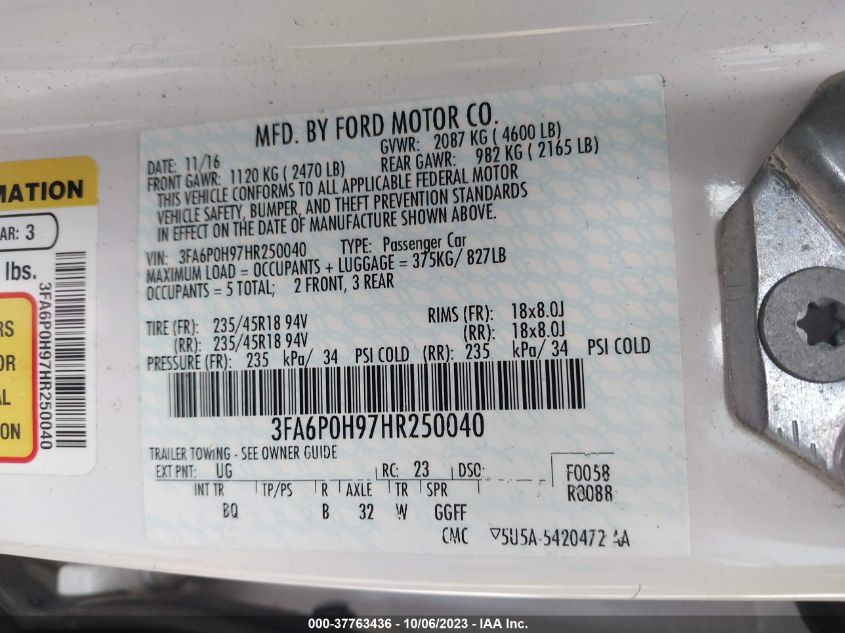 2017 FORD FUSION SE - 3FA6P0H97HR250040