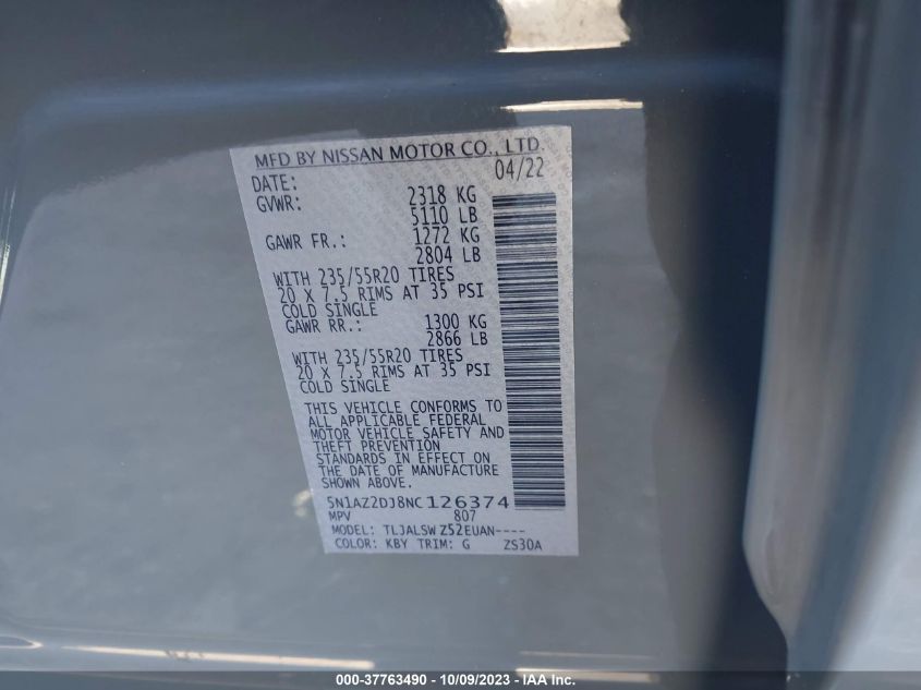 2022 NISSAN MURANO PLATINUM - 5N1AZ2DJ8NC126374