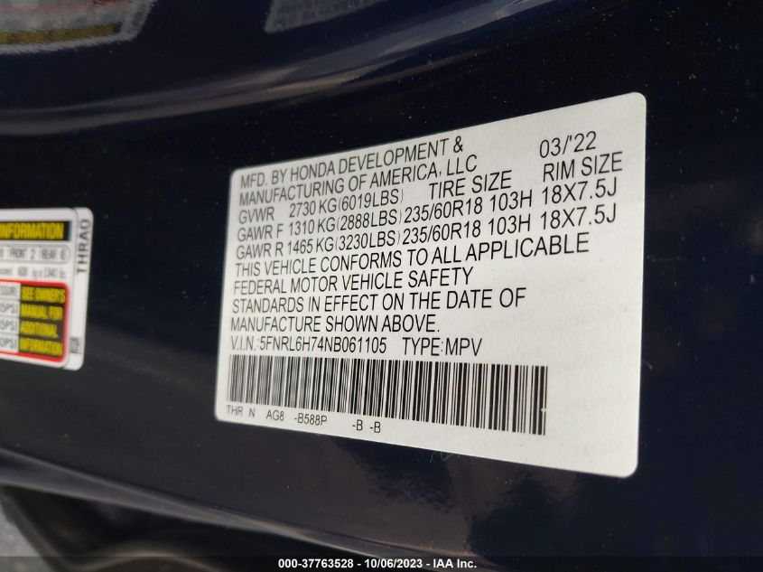 5FNRL6H74NB061105 Honda Odyssey EX-L 9