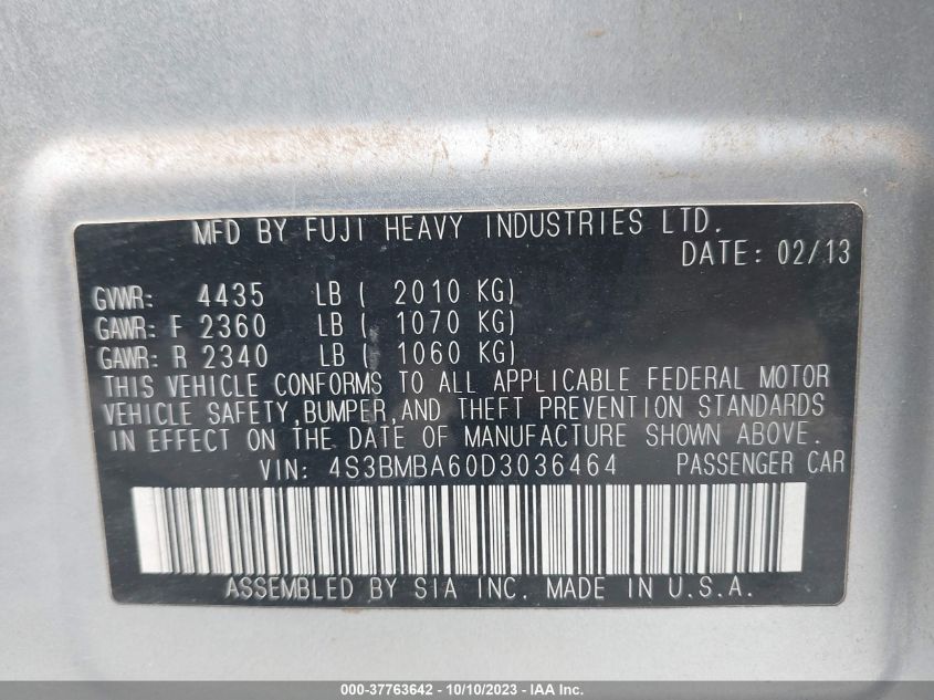 2013 SUBARU LEGACY 2.5I - 4S3BMBA60D3036464