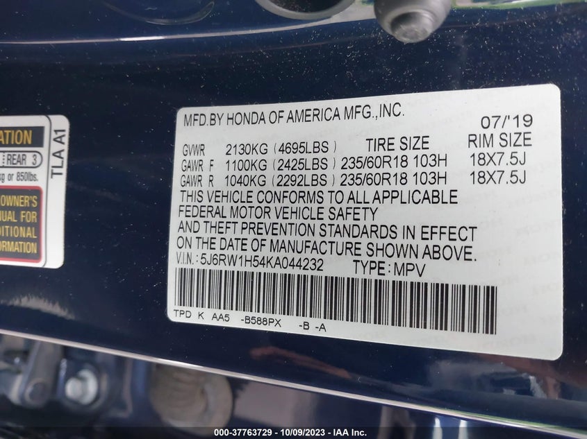 VIN 5J6RW1H54KA044232 2019 HONDA CR-V EX
