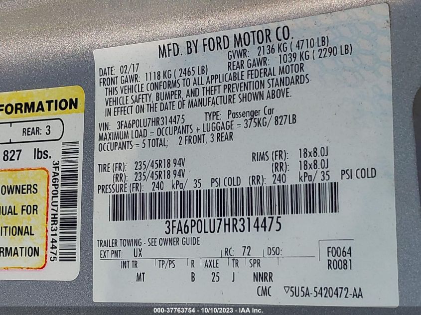 2017 FORD FUSION HYBRID SE - 3FA6P0LU7HR314475