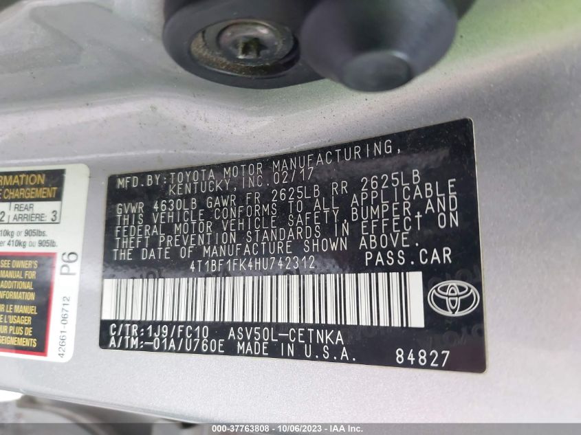 2017 TOYOTA CAMRY LE/XLE/SE/XSE - 4T1BF1FK4HU742312
