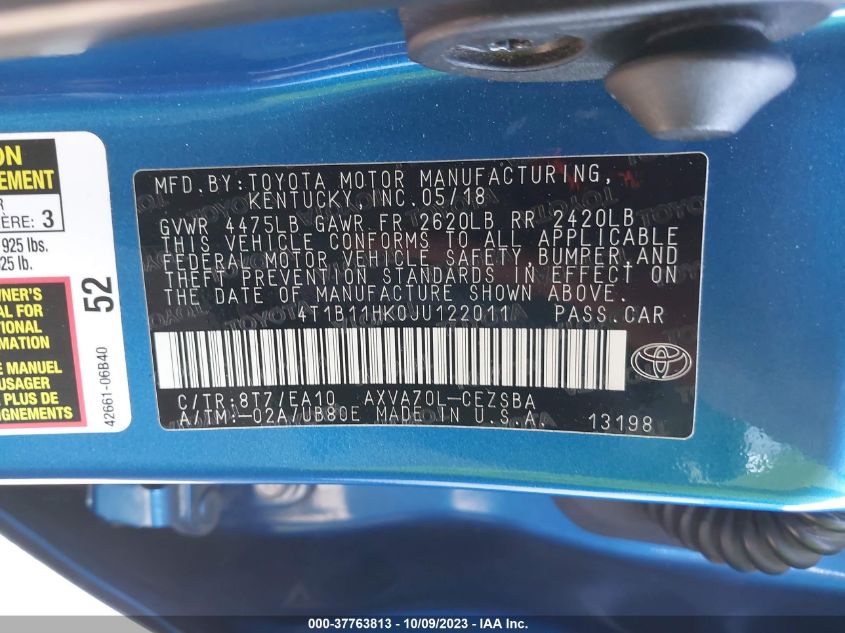2018 TOYOTA CAMRY LE/SE/XLE/L - 4T1B11HK0JU122011