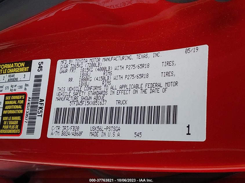 2019 TOYOTA TUNDRA SR5 5.7L V8 5TFDW5F15KX851637