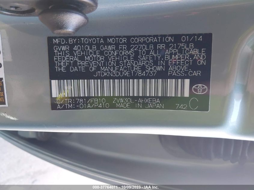2014 TOYOTA PRIUS FOUR/FIVE/THREE/ONE/TWO - JTDKN3DU9E1784737